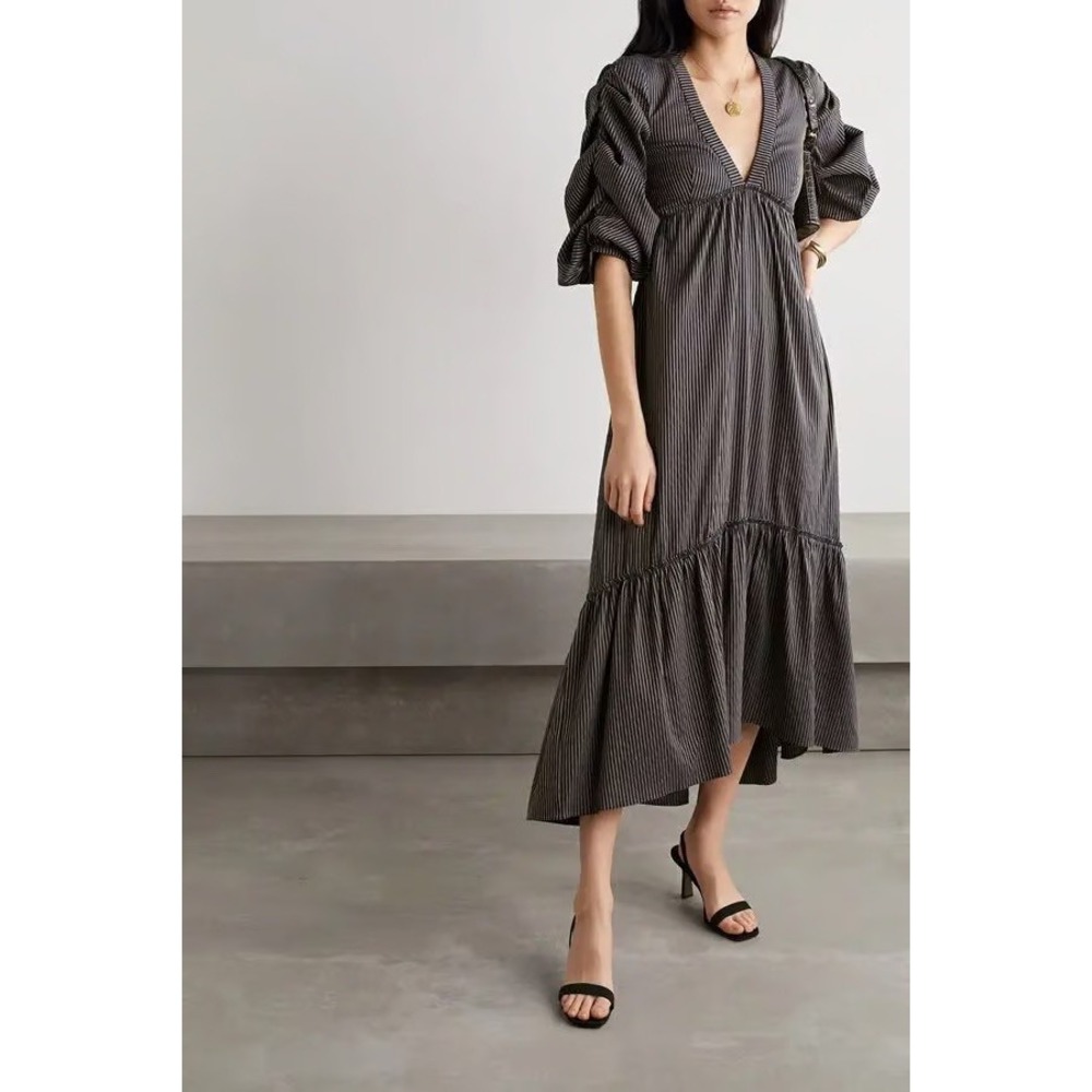 NWT LA Ligne Gitane‎ Dress XS Black Brown Gold Striped V Neck Midi Ruched Sleeve